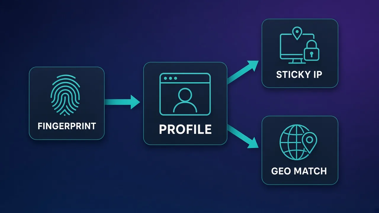 Hub diagram with a central PROFILE card connected to FINGERPRINT, STICKY IP, and GEO MATCH cards to show one profile paired with one proxy