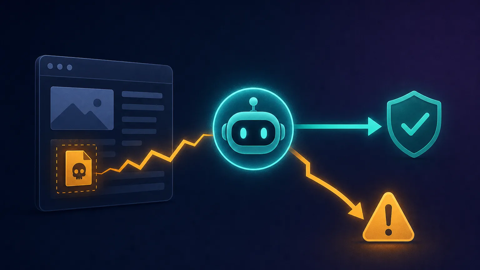 A diagram of a webpage containing a hidden malicious instruction that hijacks an AI agent, diverting its action away from the safe intended path