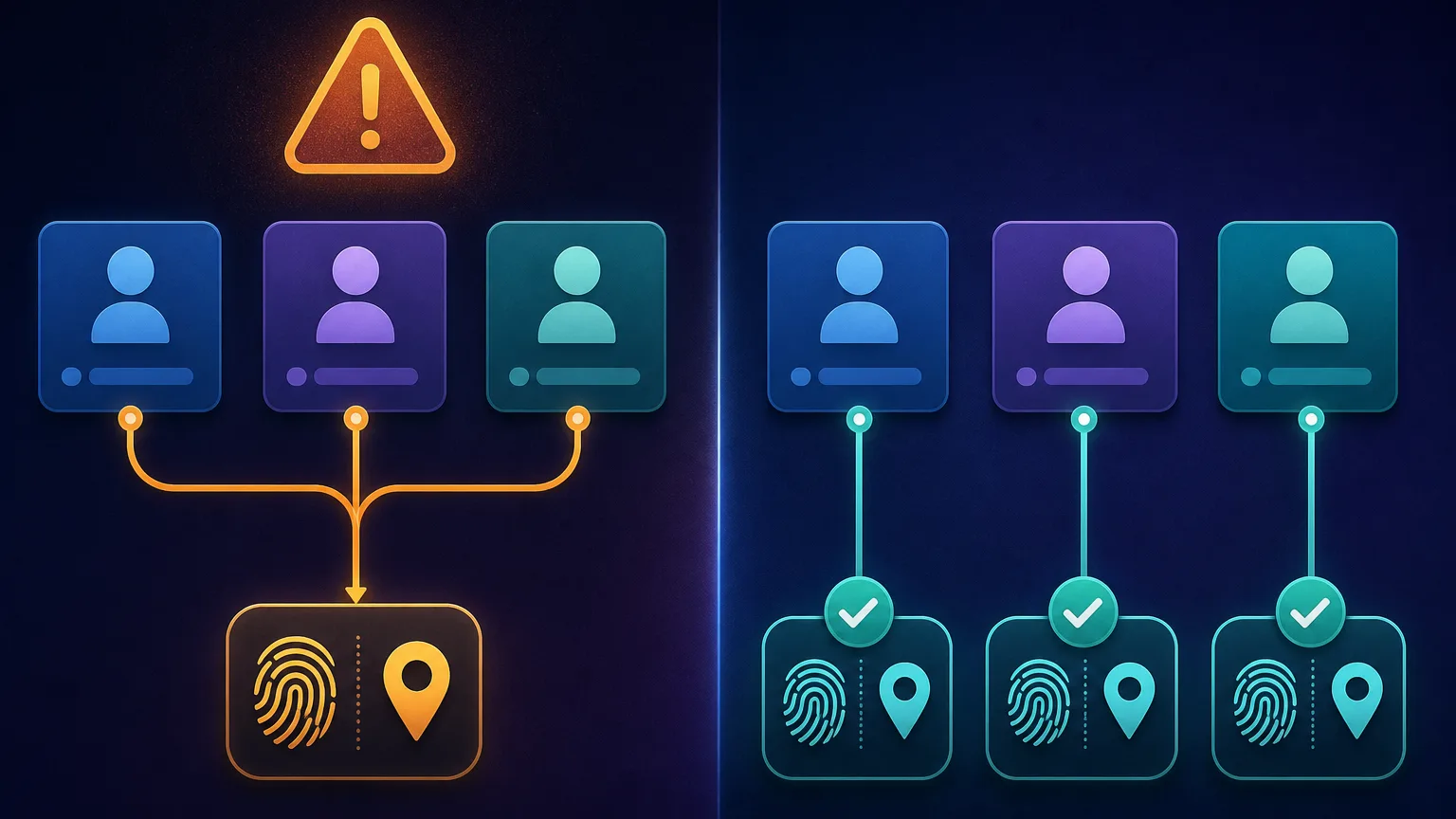 A two-sided split: on the left several account cards all tied to one shared fingerprint and IP with a warning flag, on the right the same accounts each tied to its own separate fingerprint and proxy with check marks