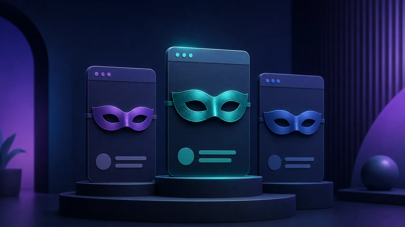 Three browser-profile cards arranged on a podium, each with a distinct mask, representing a ranking of anti-detect browsers