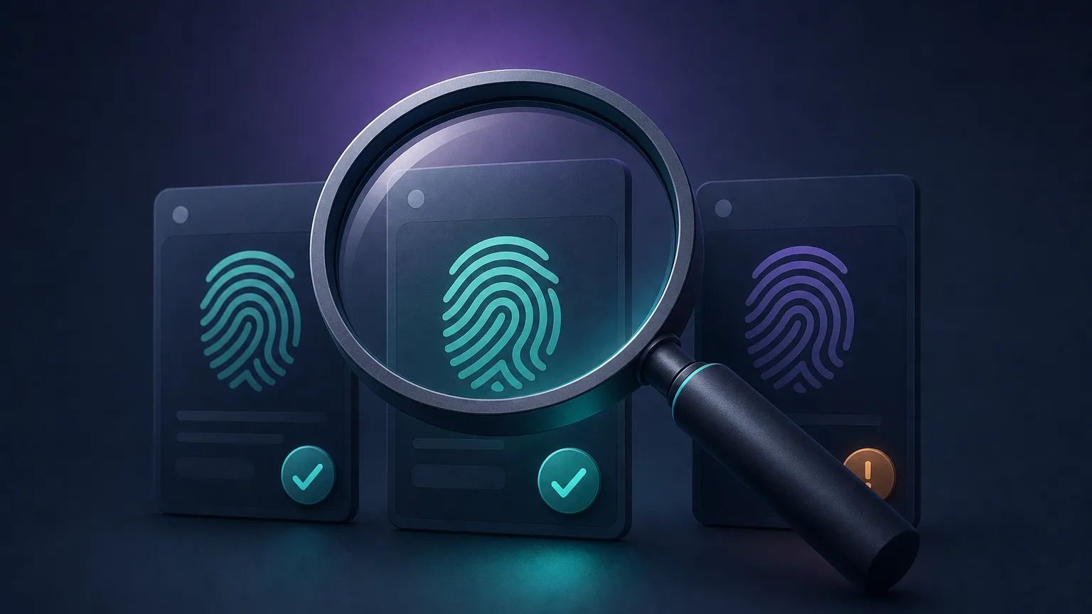 A magnifying glass inspecting browser-fingerprint cards, two marked with check badges and one with a warning badge