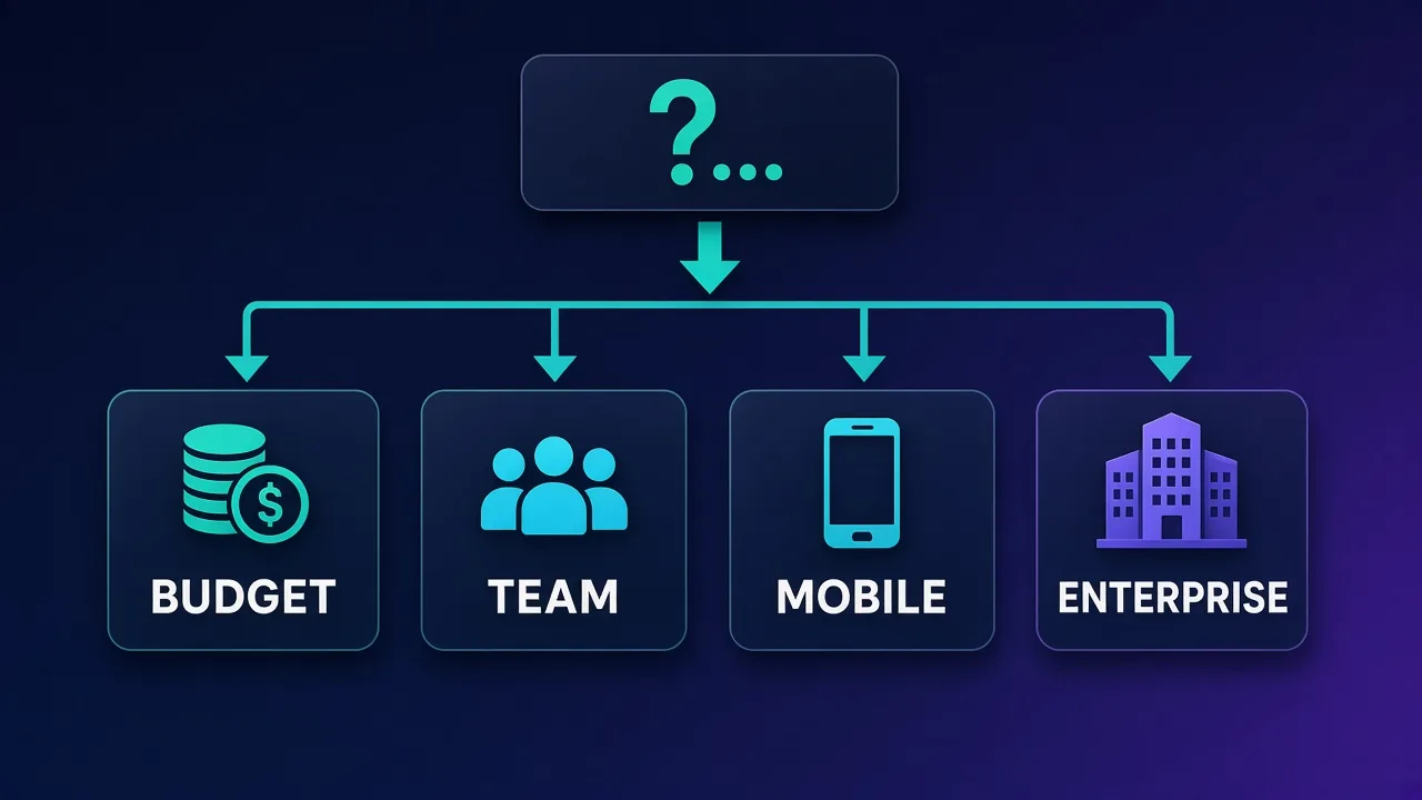 Four use-case cards labeled BUDGET, TEAM, MOBILE, and ENTERPRISE connected in a selection flowchart