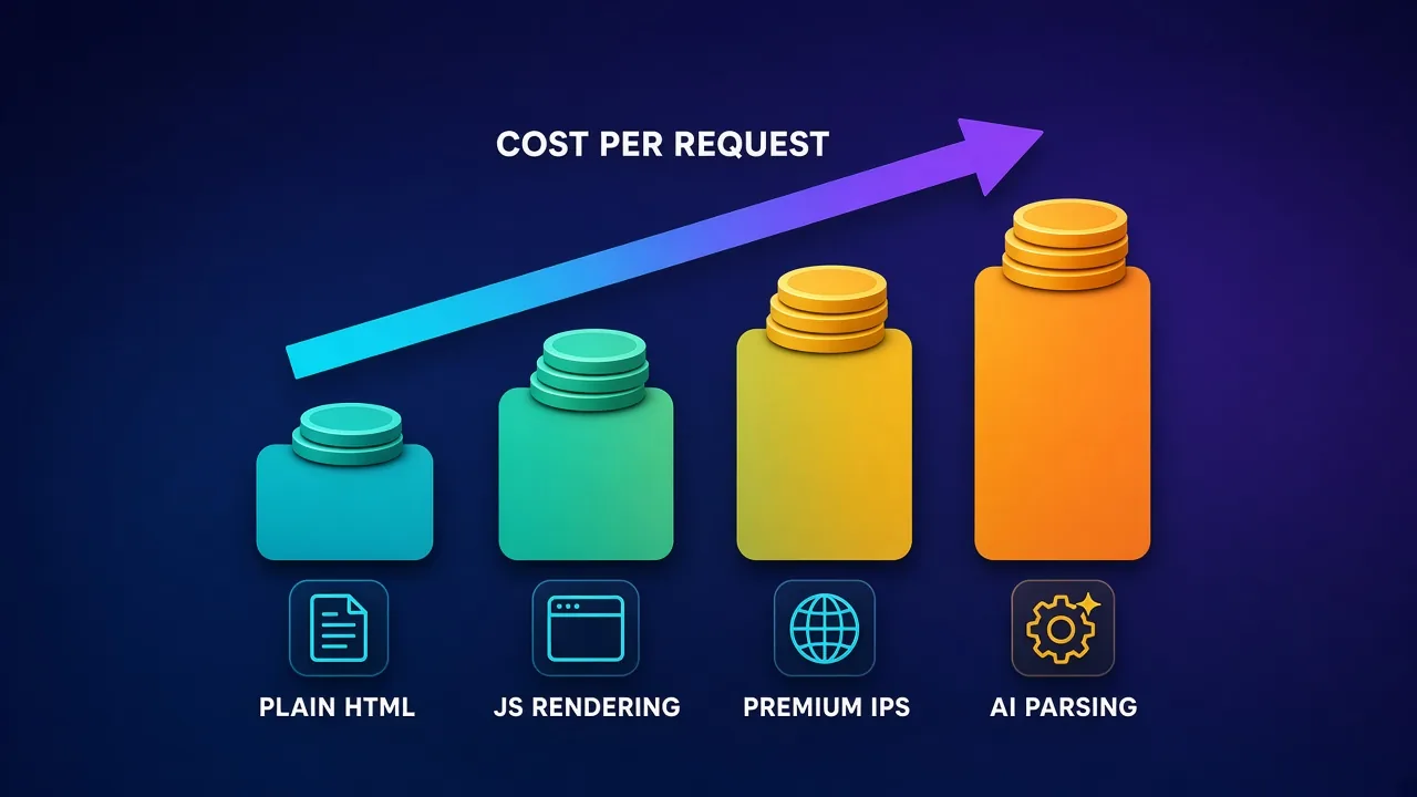 Four ascending bars from left to right, each topped by a larger coin stack, labeled PLAIN HTML, JS RENDERING, PREMIUM IPS and AI PARSING, with a bold upward arrow along the top labeled COST PER REQUEST