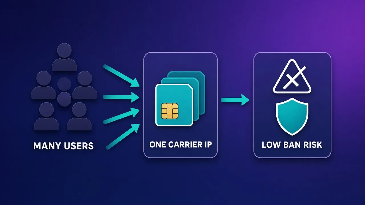 Diagram showing several user silhouettes labeled MANY USERS converging on one SIM card labeled ONE CARRIER IP, which leads to a shield labeled LOW BAN RISK
