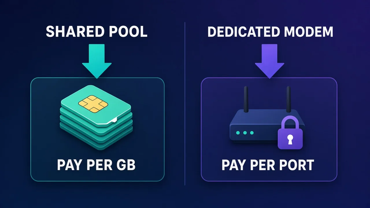 Split comparison: left column SHARED POOL with stacked SIM cards and PAY PER GB, right column DEDICATED MODEM with a locked router and PAY PER PORT