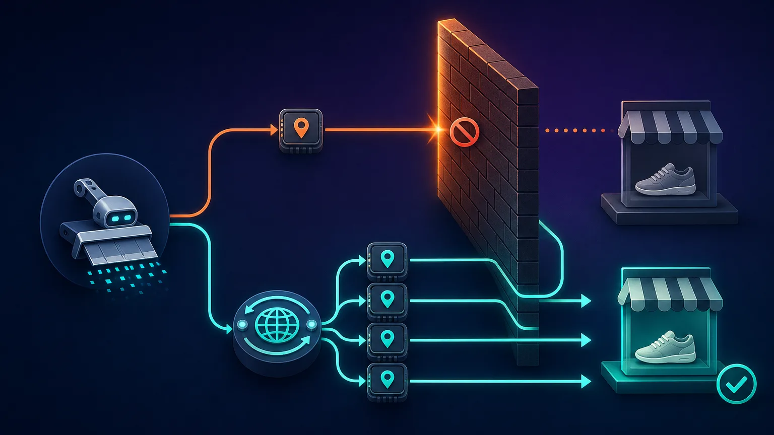 A diagram showing a single IP getting blocked by Amazon's anti-bot barrier, while the same requests routed through a rotating proxy pool reach the product pages successfully