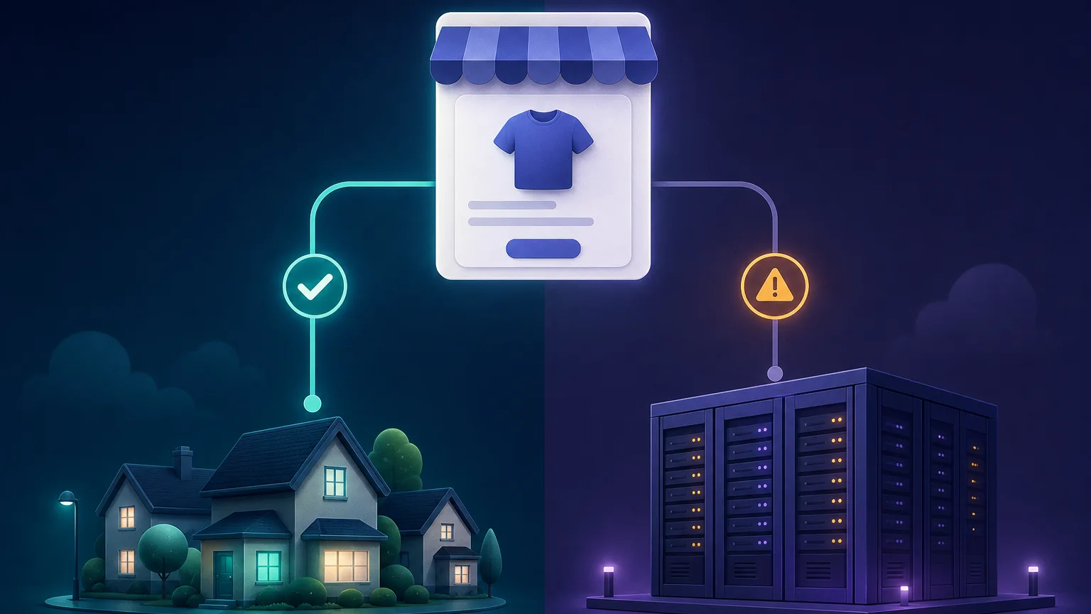 A two-sided split comparing residential proxies (real homes, trusted, reaching Amazon) against datacenter proxies (servers, more often flagged) for Amazon monitoring