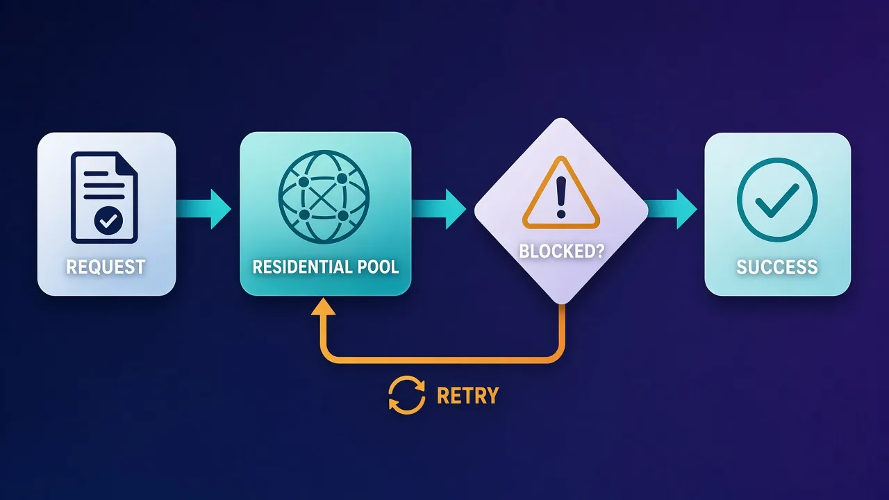 Decision flow diagram from REQUEST to RESIDENTIAL POOL to a BLOCKED? check, with a SUCCESS path and an amber RETRY loop back to the pool