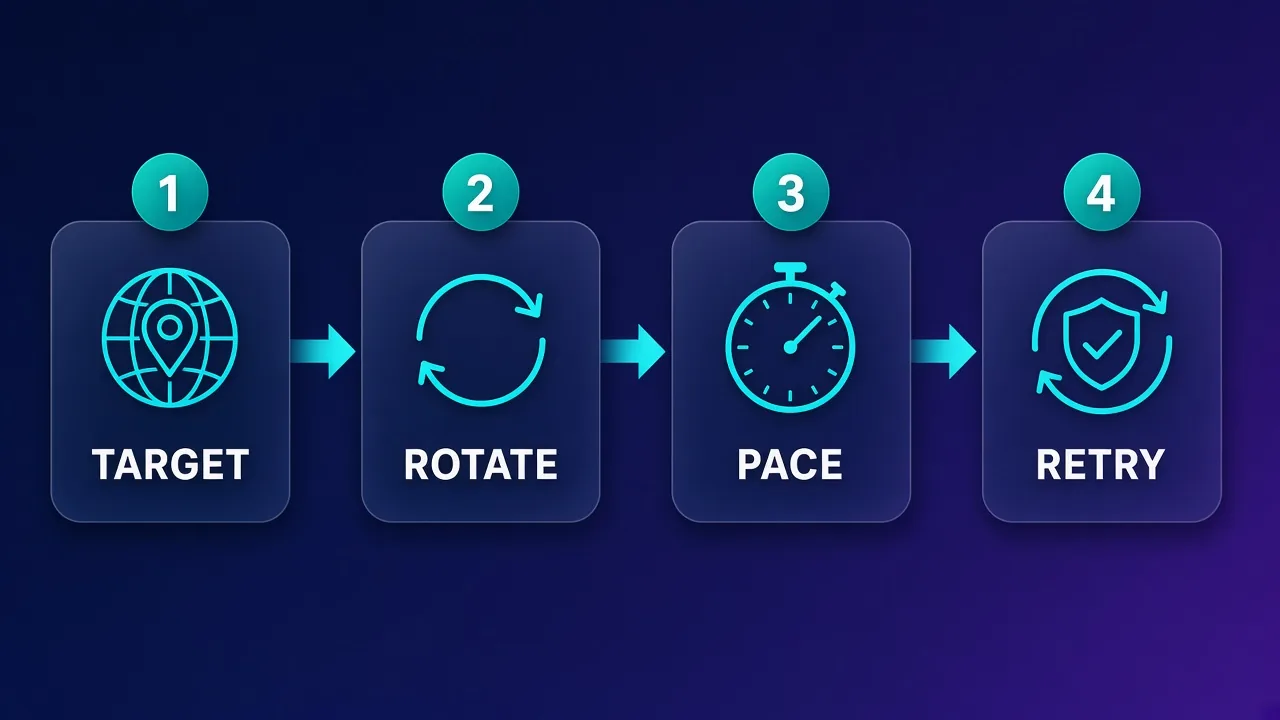 Four-step diagram labeled TARGET, ROTATE, PACE, and RETRY showing the order of a stable eBay scraping setup