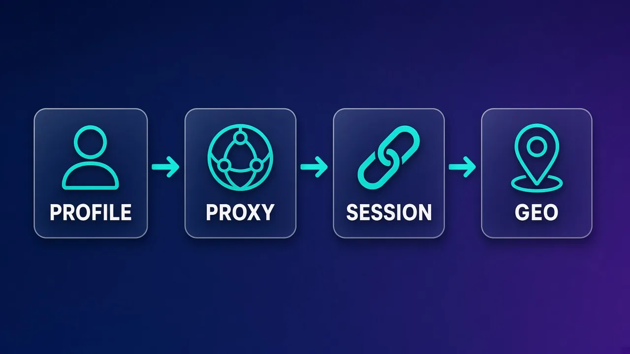 Flowchart labeled PROFILE PROXY SESSION GEO for Facebook ads proxy hygiene