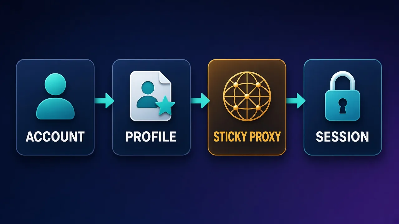 Diagram of LinkedIn risk signals: IP reputation, ASN type, sticky session consistency, and device fingerprint
