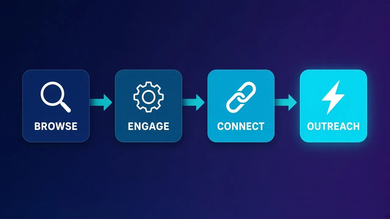 Flowchart of LinkedIn proxy warm-up: bind sticky IP, isolate fingerprint, ramp actions over days
