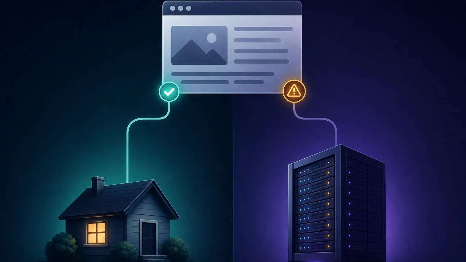 Two-sided split diagram contrasting a residential home network and a datacenter server rack as proxy sources for Playwright, each feeding into a browser, with the residential side marked as more trusted