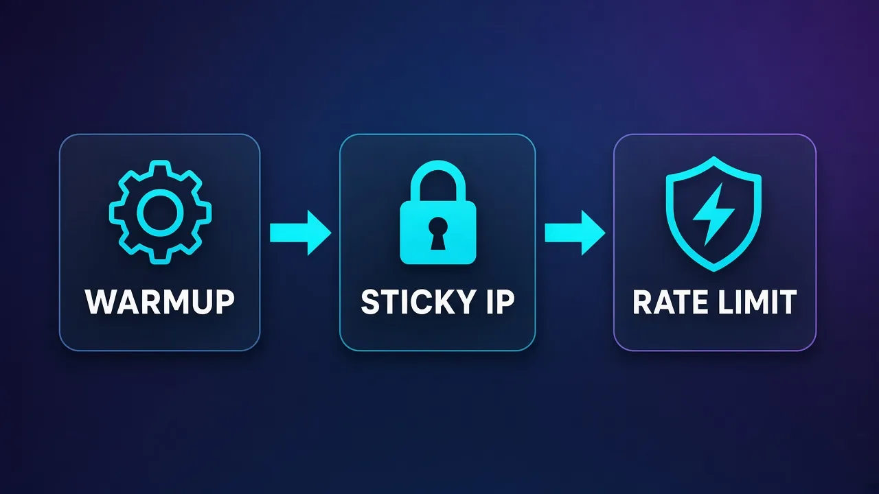 Flowchart Warmup to Sticky IP to Rate Limit for Reddit automation hygiene