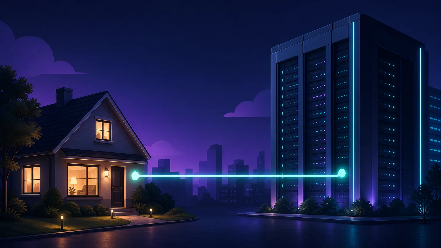 A split scene with a small house on one side and a server-rack building on the other, joined by a single glowing connection line