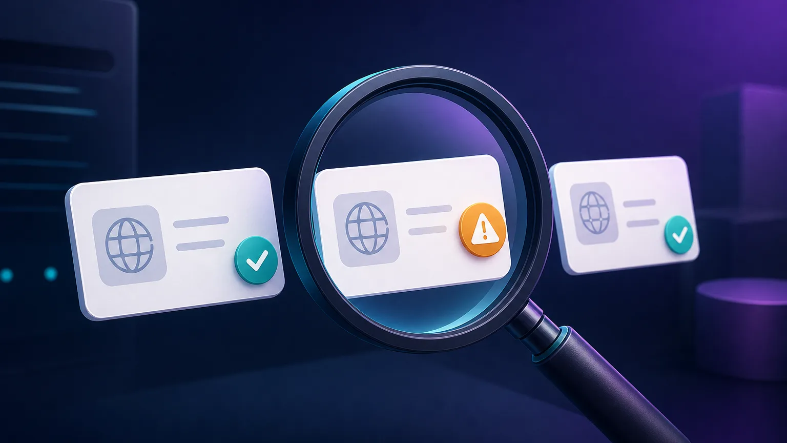 A magnifying glass inspecting a row of IP address cards, a few marked with check icons and one with a warning icon