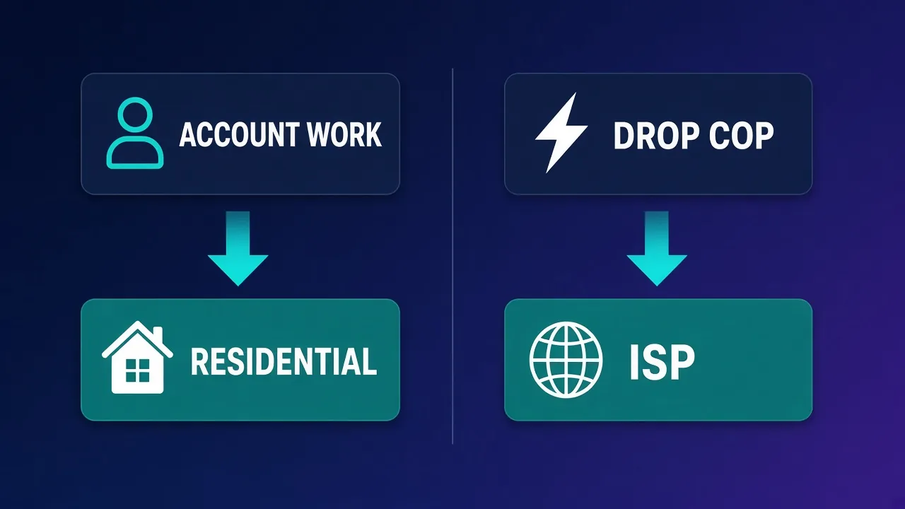 Split diagram with ACCOUNT WORK and RESIDENTIAL on one side and DROP COP and ISP on the other