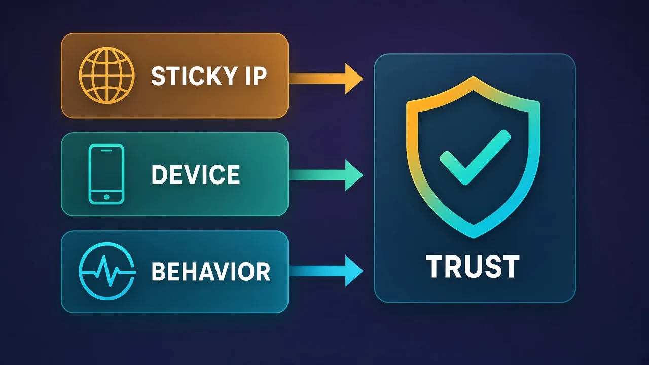 Diagram of TikTok risk signals: sticky IP, device binding, and behavior checks flowing into a trust decision