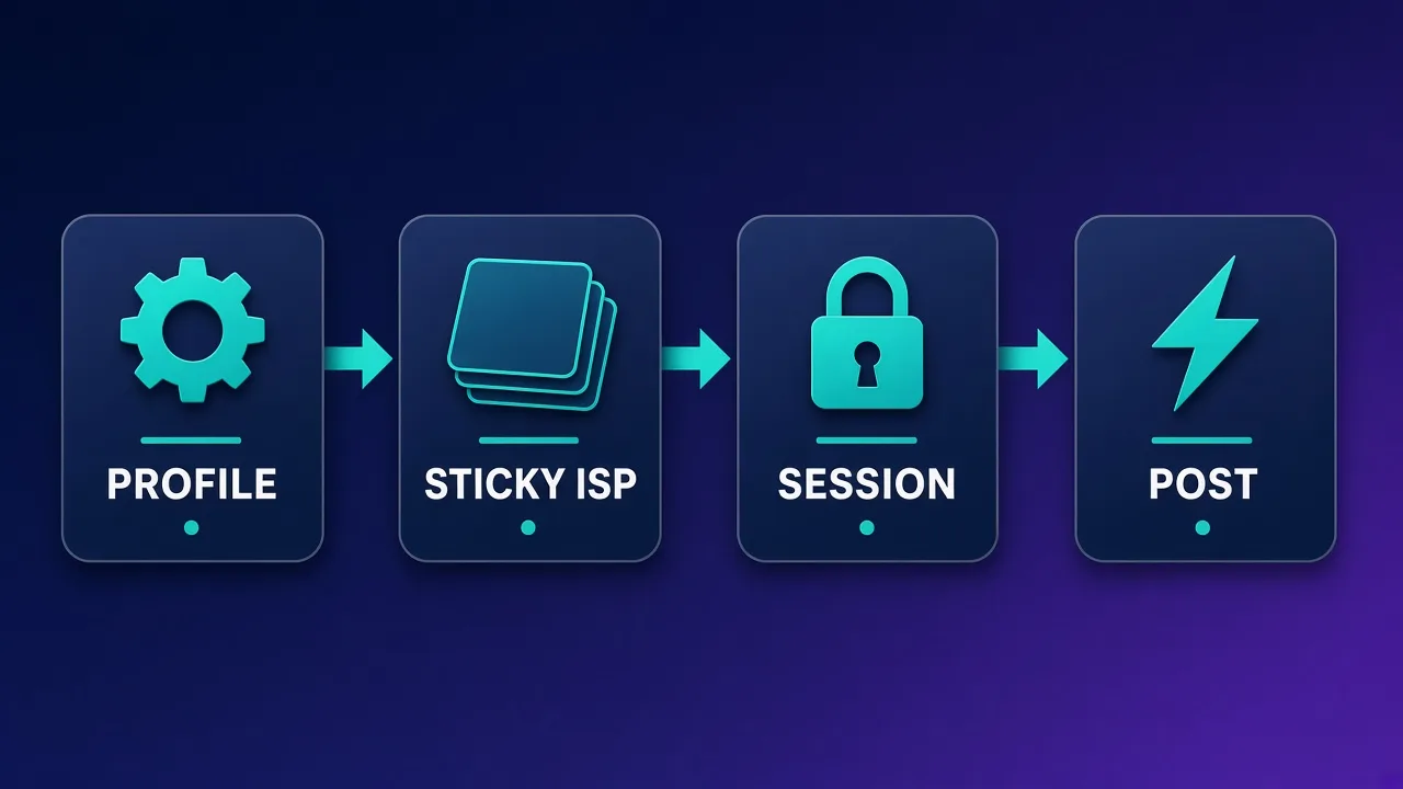 Left-to-right flowchart: anti-detect profile, sticky ISP proxy, TikTok session, then warm-up and post steps