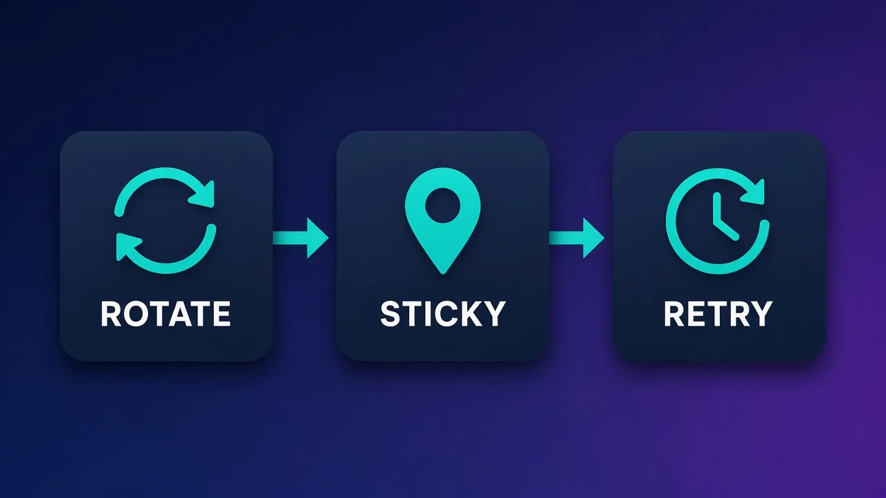 Three-card diagram contrasting ROTATE, STICKY, and RETRY roles in a retail monitoring proxy pool