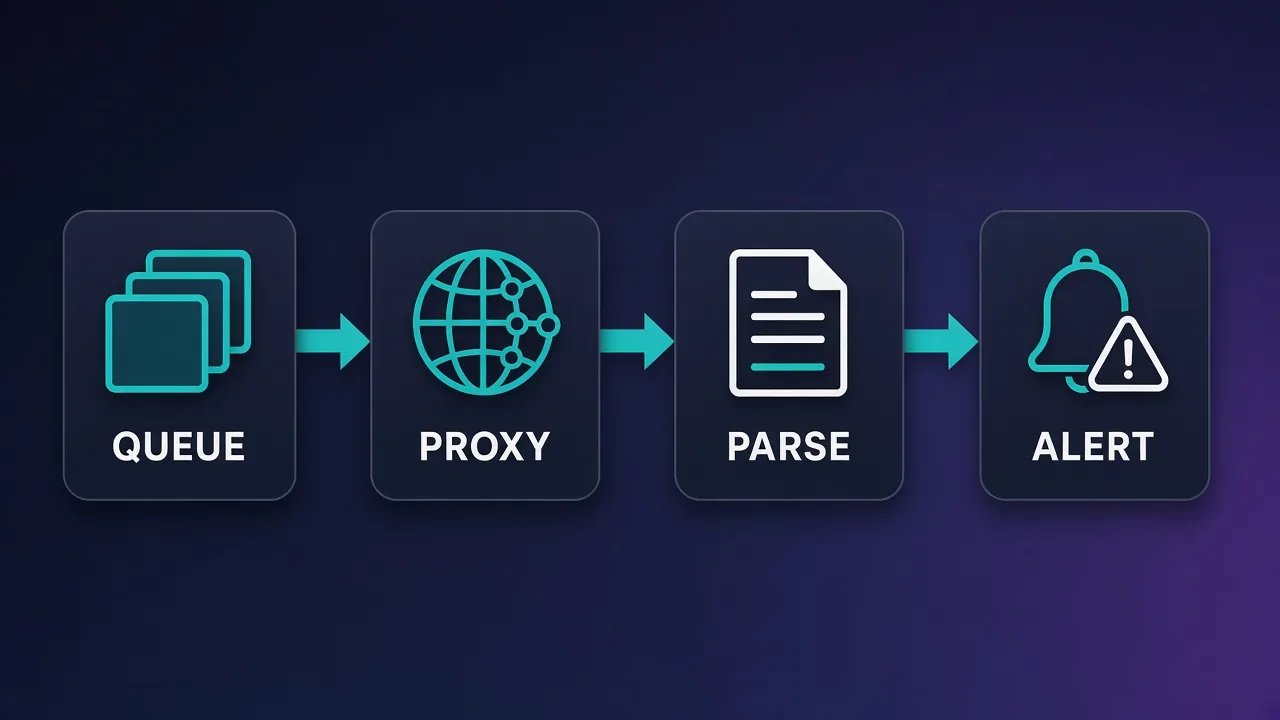 Four-step monitoring stack flowchart labeled QUEUE, PROXY, PARSE, and ALERT