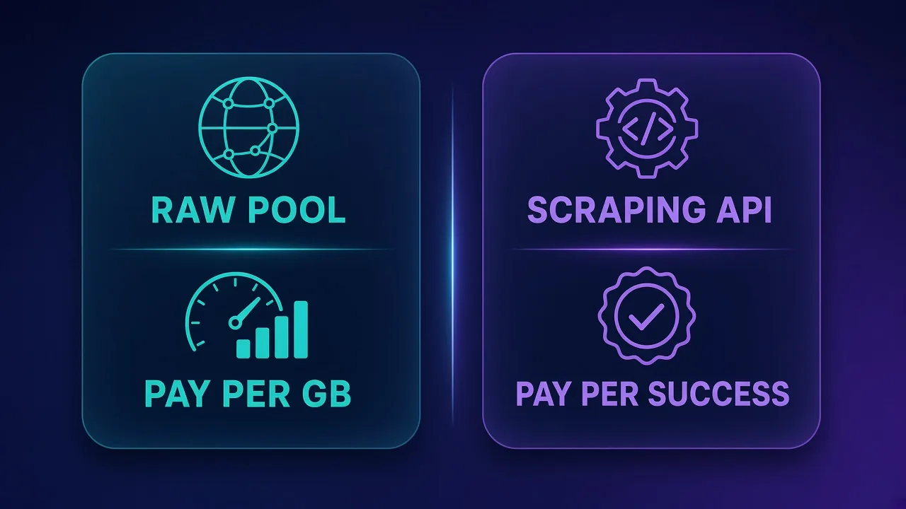 Split panel: RAW POOL with PAY PER GB versus SCRAPING API with PAY PER SUCCESS