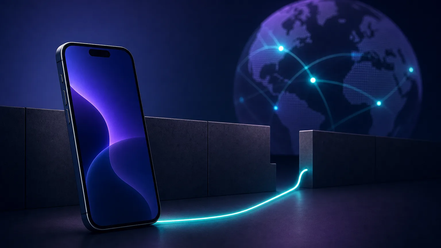 A smartphone in the foreground with a single glowing connection line passing through a gap in a low wall toward a stylized globe