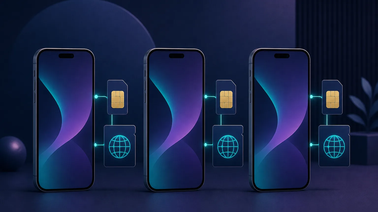 Three smartphones standing in a row, each linked to its own small glowing SIM and IP card