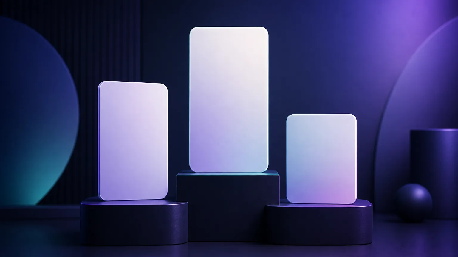A small winners' podium holding three blank product cards of different heights, one clearly tallest in the center