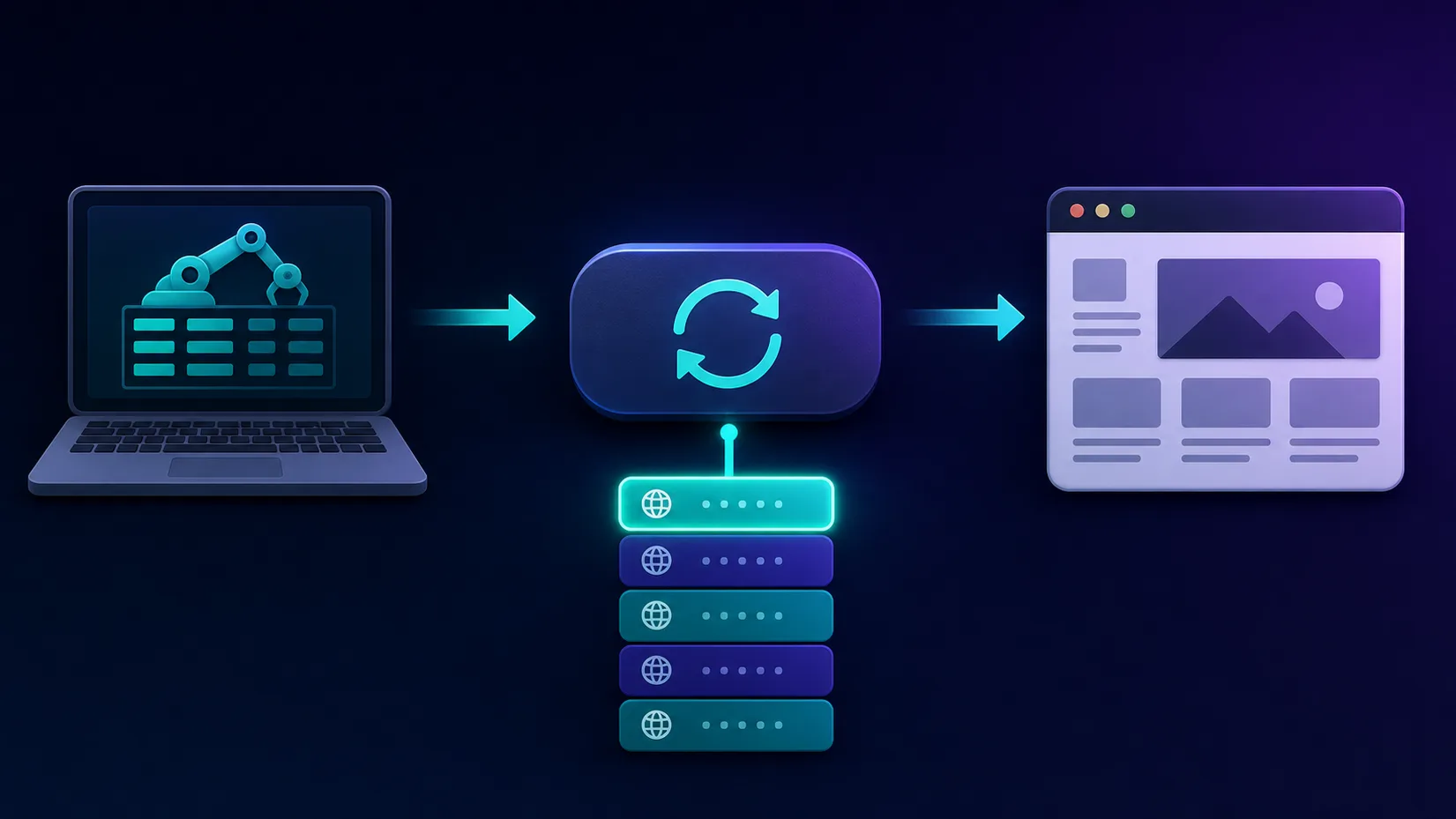 Diagram of a scraper sending requests through a single proxy endpoint that draws fresh IP addresses from a pool and forwards each request to the target website
