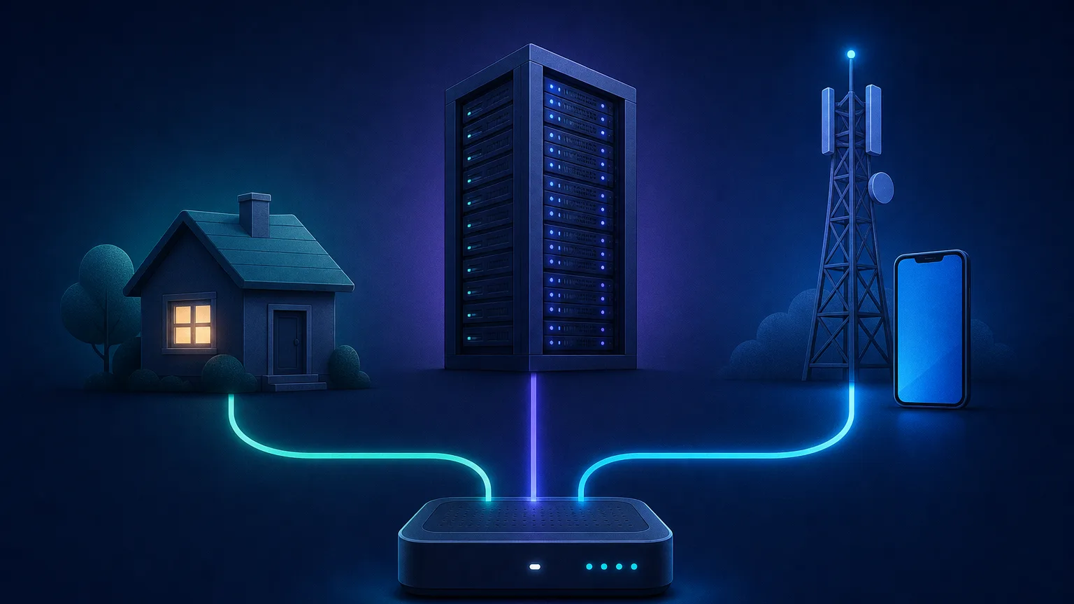 Comparison illustration contrasting a residential home network, a datacenter server rack, and a mobile cell tower as three sources of proxy IP addresses feeding into one router