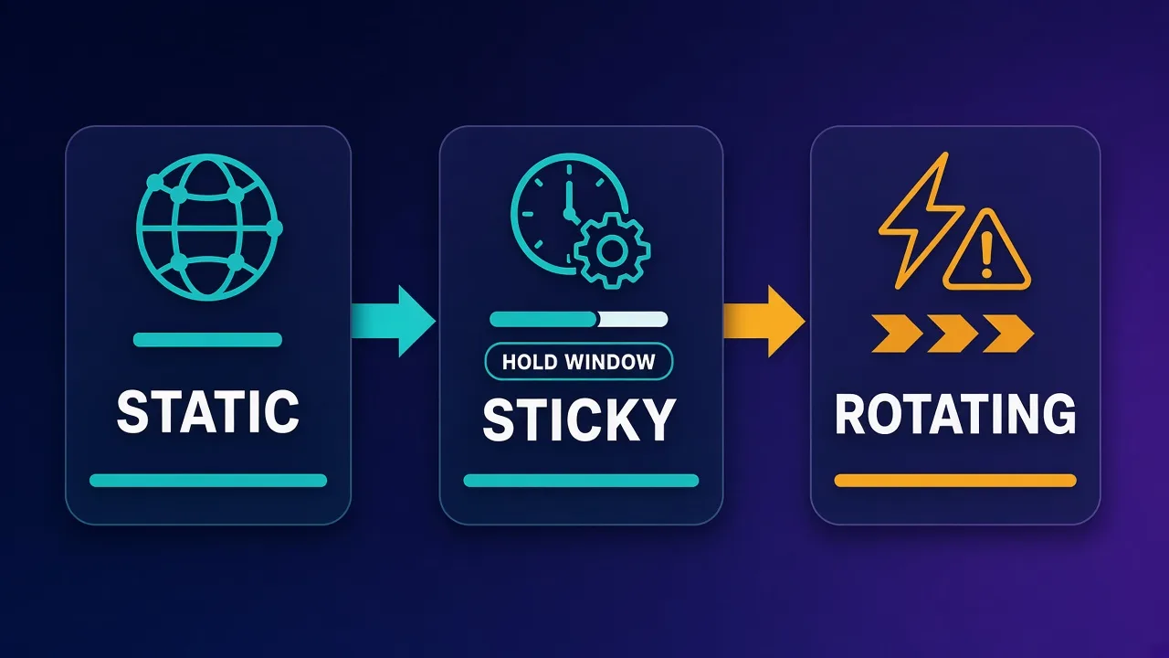 Diagram comparing rotating proxy hops versus a single static IP path into Telegram