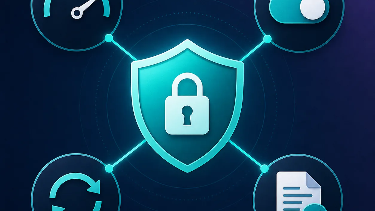 A hub-and-spoke: a central VPN shield with four satellites — a WireGuard speed gauge, a kill-switch, an always-on loop, and a no-logs checked document