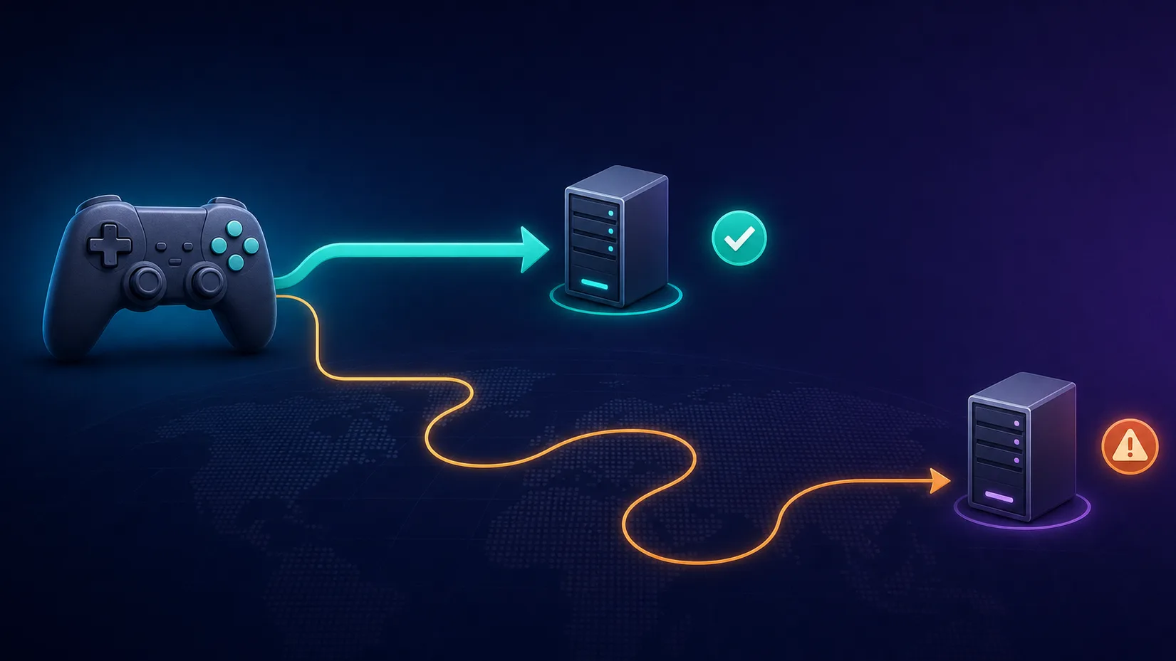 A two-route diagram comparing a short direct connection to a nearby game server against a long connection routed through a distant server, showing lower vs higher latency