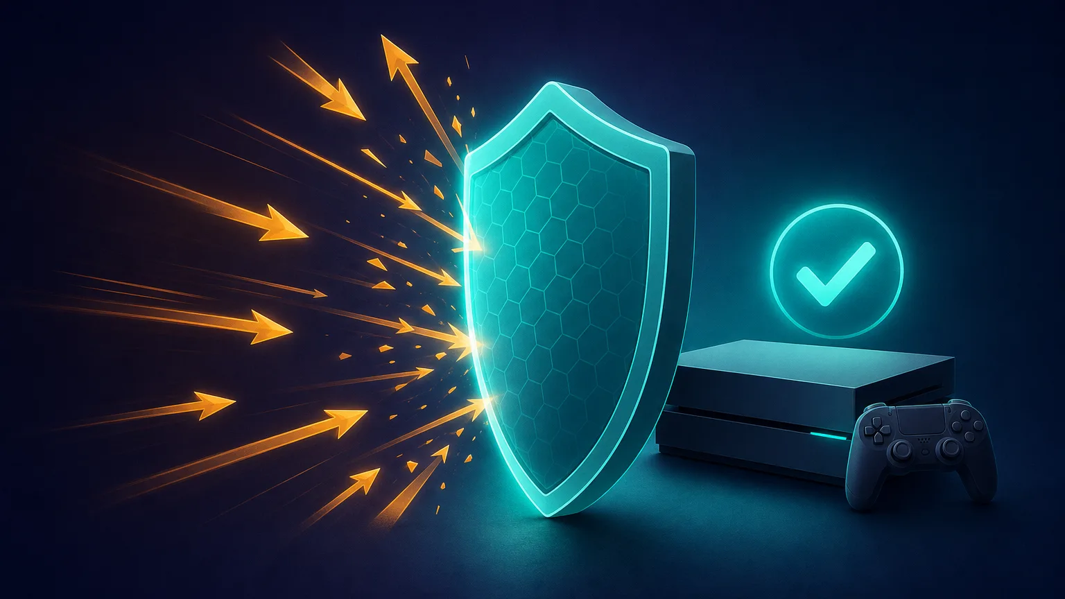 A diagram of a VPN shield absorbing a flood of incoming attack arrows before they reach a gamer's console, protecting it from a DDoS attack