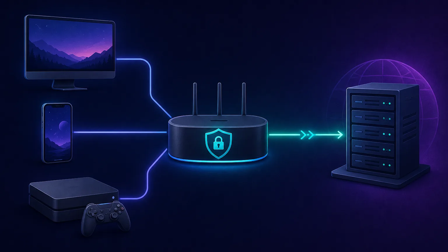 A diagram showing a PC, a phone and a game console all connecting through one VPN-shielded router out to game servers