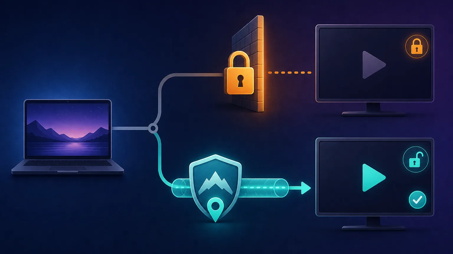 Diagram of a device connecting through an encrypted VPN tunnel to a server in another country, which unlocks a streaming play screen that was otherwise geo-blocked