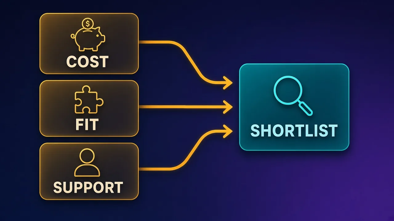 Flowchart where COST, FIT and SUPPORT reasons converge into a SHORTLIST card