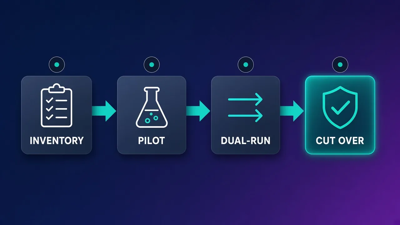 Four-step migration sequence INVENTORY, PILOT, DUAL-RUN, CUT OVER connected by teal arrows