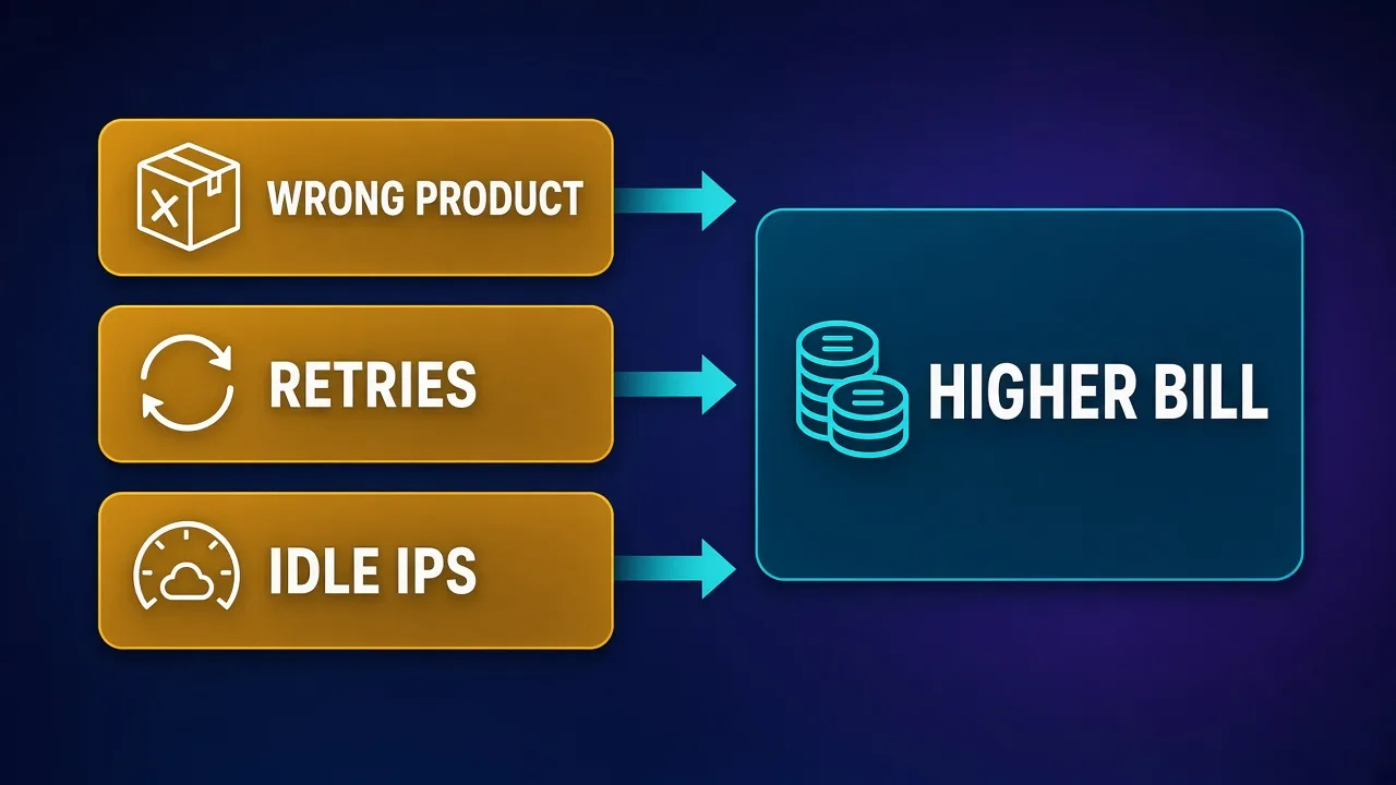 Decision flowchart Who overpays with nodes Wrong product, Retries, Idle IPs, Premium geo leading to Higher bill