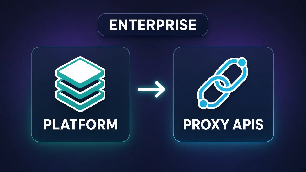Split comparison diagram with two columns: left labeled PLATFORM for Bright Data style breadth, right labeled PROXY APIS for Oxylabs style focus, connected under a shared ENTERPRISE label
