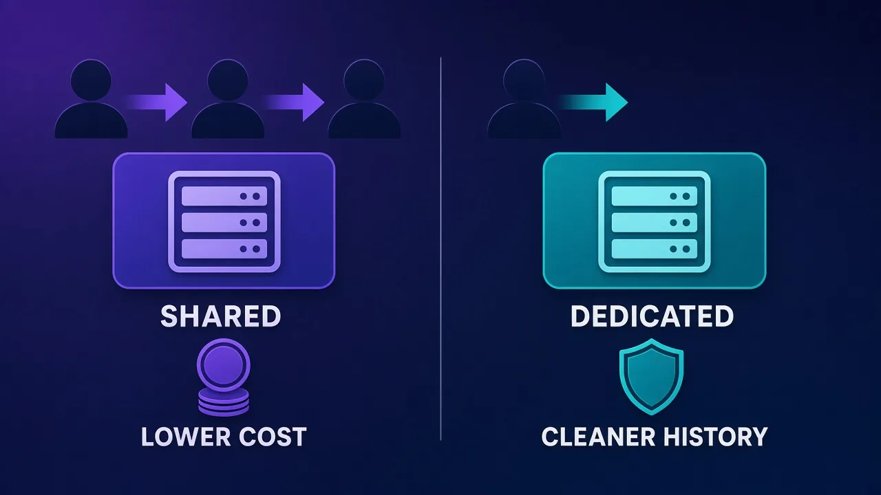 Split comparison: SHARED shows several users on one server with a coin icon labeled LOWER COST; DEDICATED shows one user on one server with a shield labeled CLEANER HISTORY