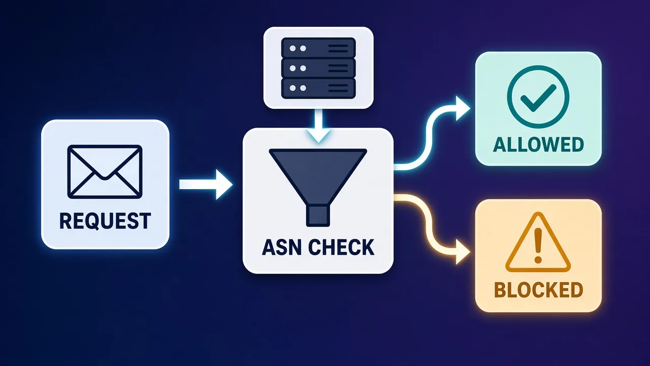 Gate diagram: a REQUEST passes through an ASN CHECK fed by a hosting-range server icon, then branches to ALLOWED with a checkmark or BLOCKED with a warning triangle