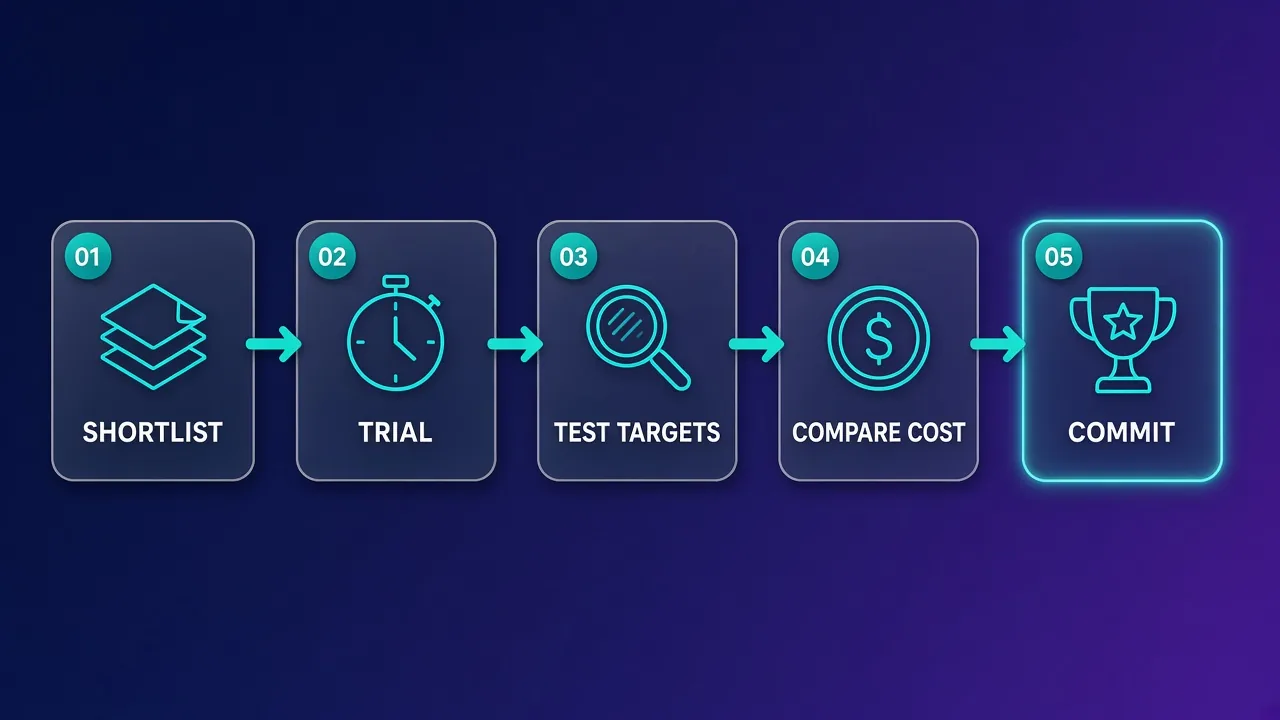 Five numbered steps in a row: SHORTLIST, TRIAL, TEST TARGETS, COMPARE COST, COMMIT