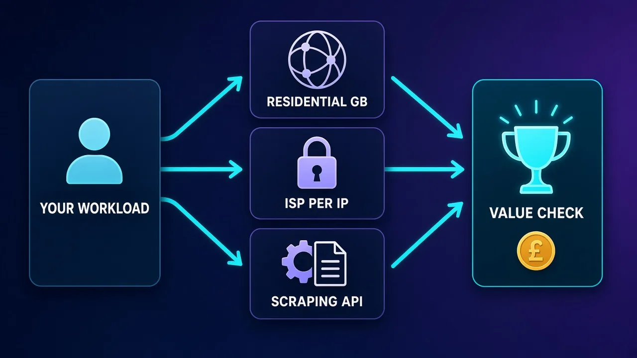 Decision flowchart: a person icon labeled YOUR WORKLOAD branches by arrows to RESIDENTIAL GB, ISP PER IP, and SCRAPING API, all converging on a trophy labeled VALUE CHECK