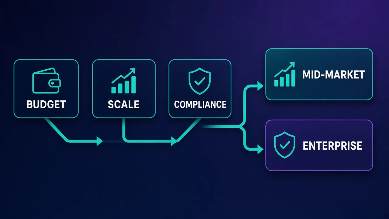 Decision flowchart with three question nodes labeled BUDGET, SCALE, and COMPLIANCE, connected by arrows that branch to two outcome cards labeled MID-MARKET and ENTERPRISE