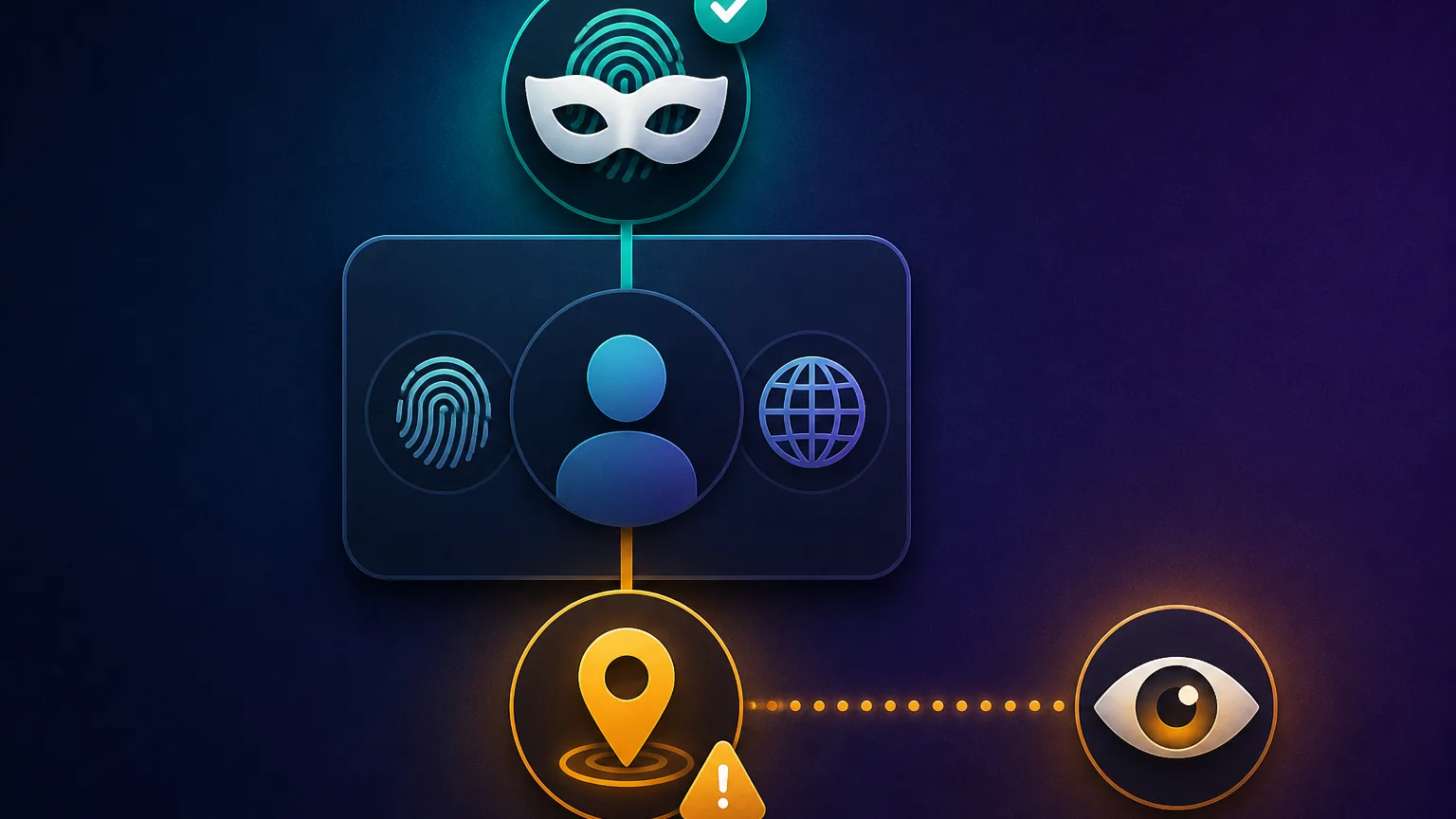 A profile card with a teal mask marked with a check for a hidden fingerprint, but its IP pin still glowing amber and leaking a line to a watching eye