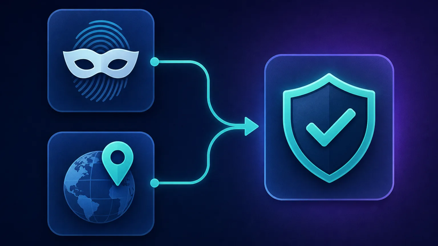 Two input nodes — a browser mask hiding a fingerprint and a proxy globe hiding an IP — converging with arrows into one protected identity card marked with a shield check