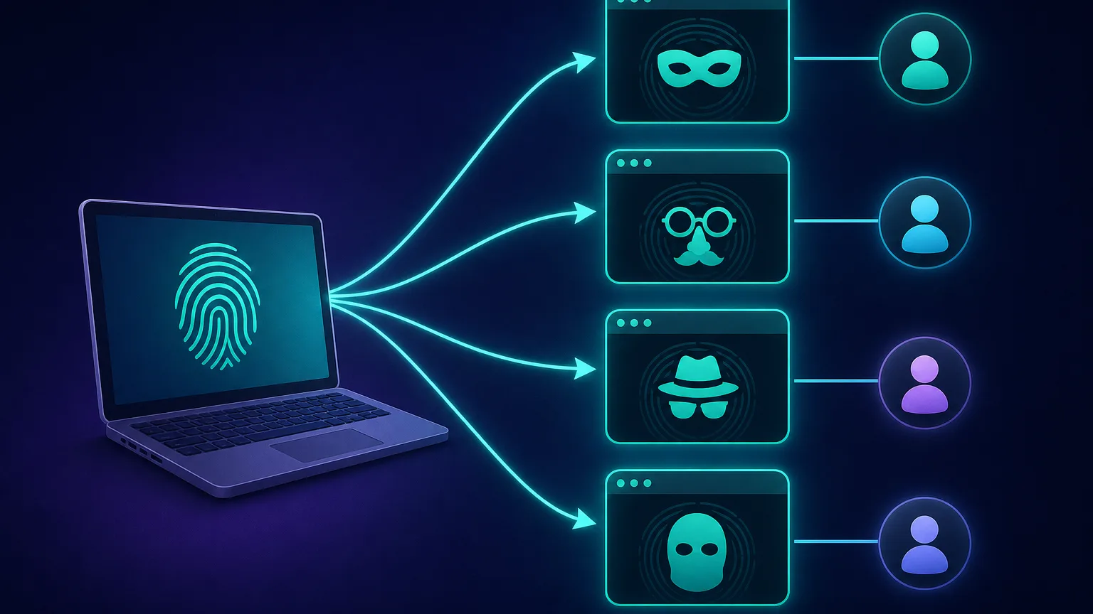 A diagram of one computer spawning several separate masked browser-profile windows, each with a distinct fingerprint, connecting to different accounts so they appear unlinked