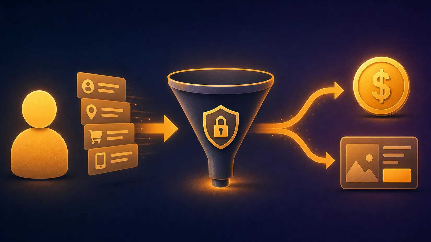 A left-to-right flow: a user icon feeds data cards into a free-VPN funnel that outputs to a coin and an ad, showing the user's data being monetised